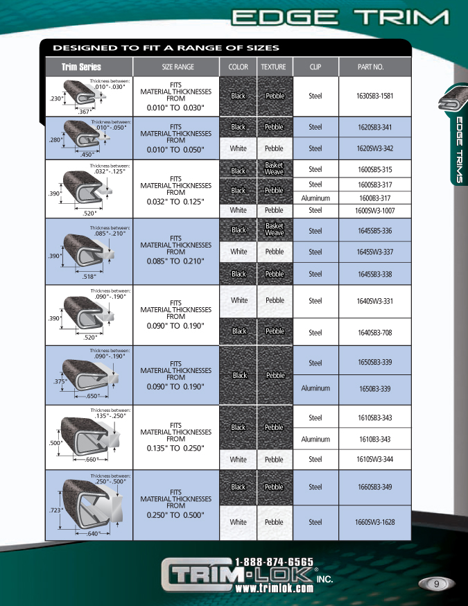 Trim-Lok catalog page 9, showing flexible vinyl edge trim options.