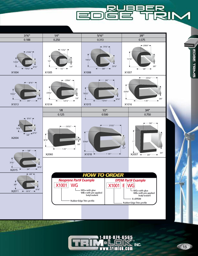 Measurement chart showing rubber trim molding sizes