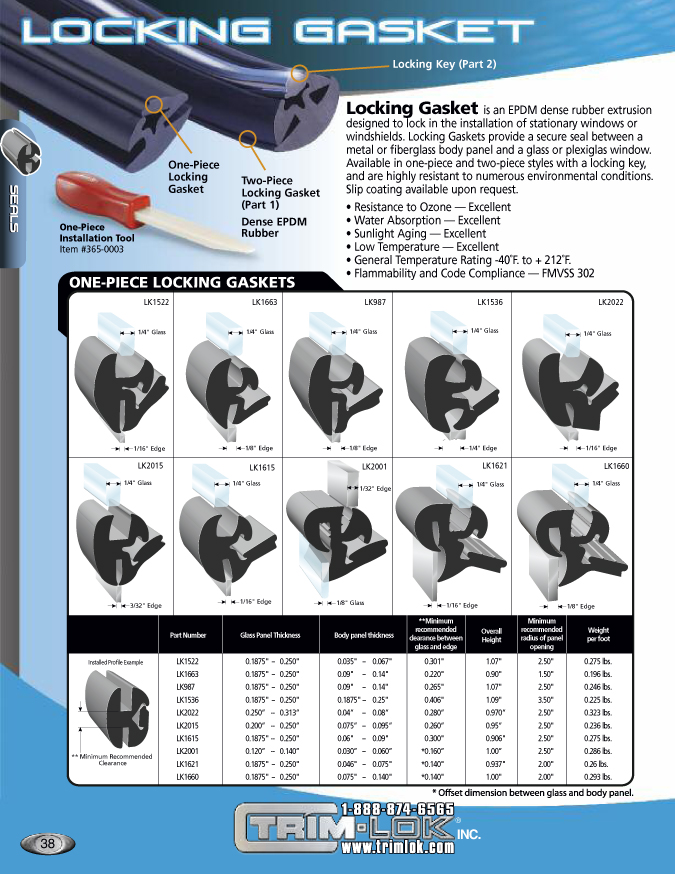 Locking gasket options and dimensions, catalog page 38