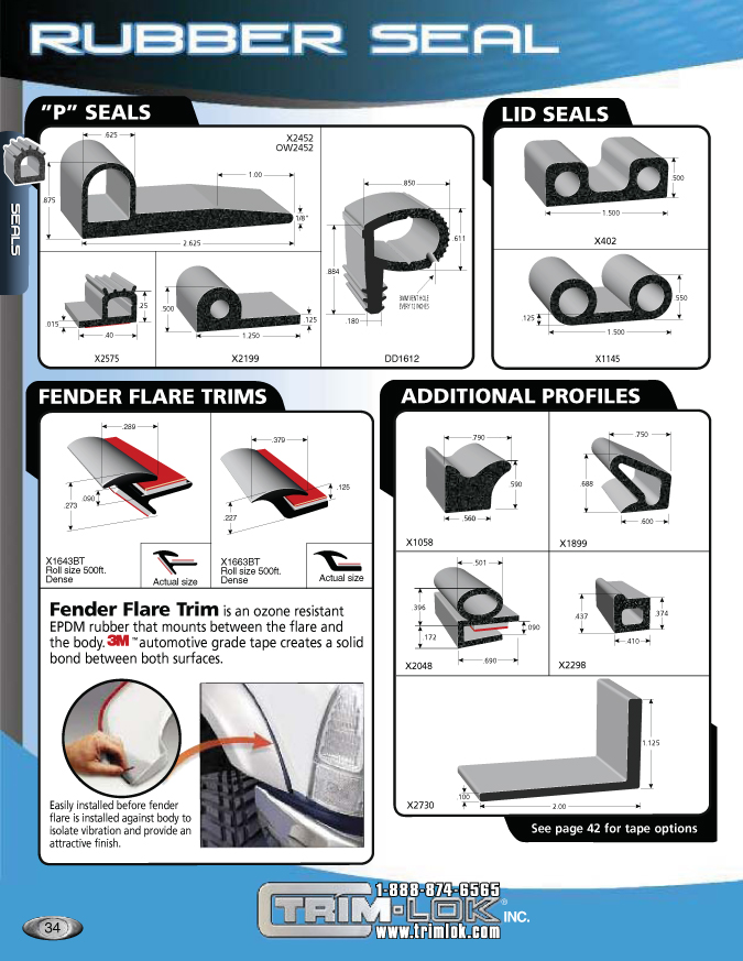 From Trim-Lok catalog, this is page 34 of the rubber seal P types and sizes, lid seals, fender flare trims, and additional profiles