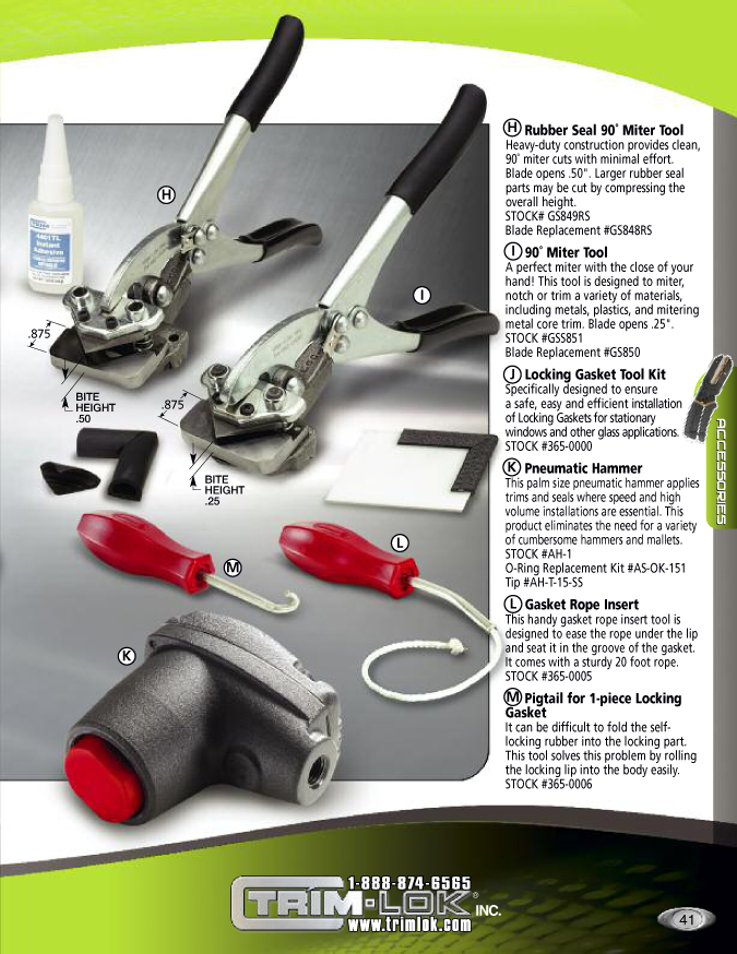 Trim-Lok Tools and Accessories catalog page including Rubber Seal 90º Miter Tool