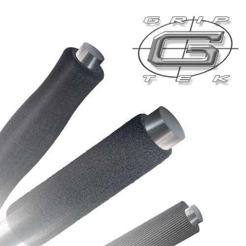 Three black Grip-Tek foam handles with different shapes and textures