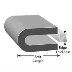 Rubber edge trim with edge thickness and leg length dimensions